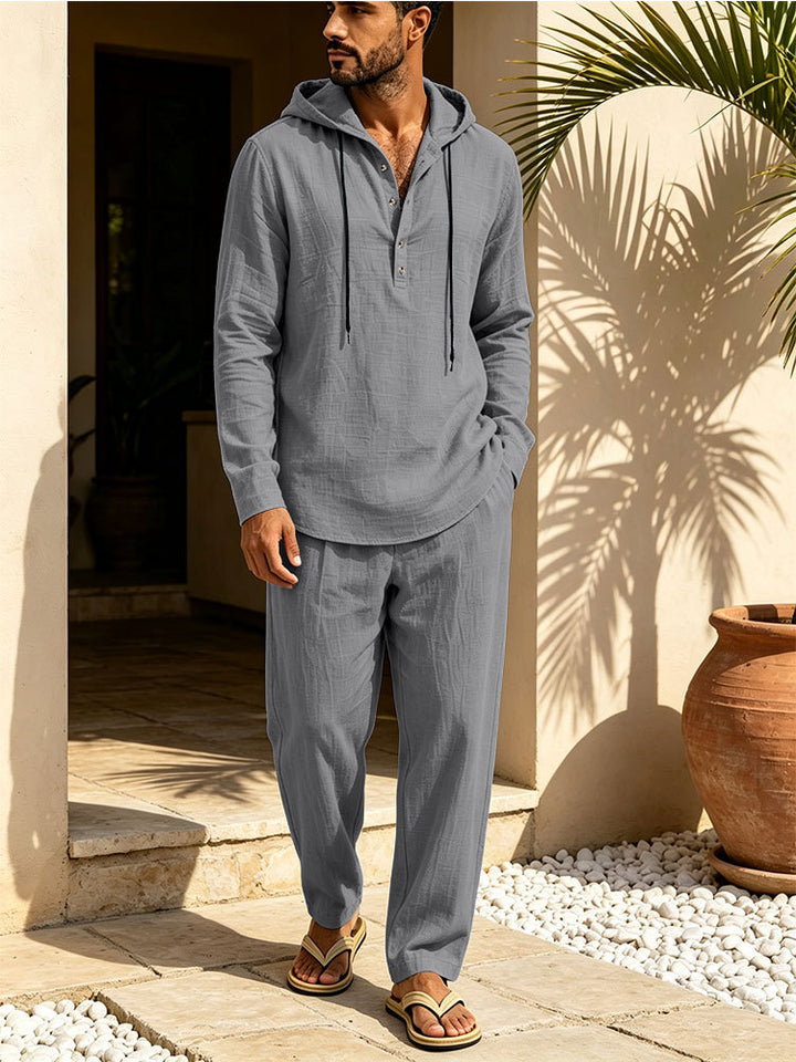 Herren Lässiges Leinen-Look Freizeit-Set mit Kapuzenhemd und weiten Hosen Echoarchiv