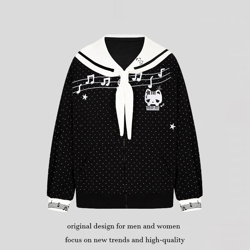 Damen Reißverschluss‑Sweatjacke im Matrosenstil mit Schleifenkragen, Polka‑Dot und Musikmotiv Echoarchiv