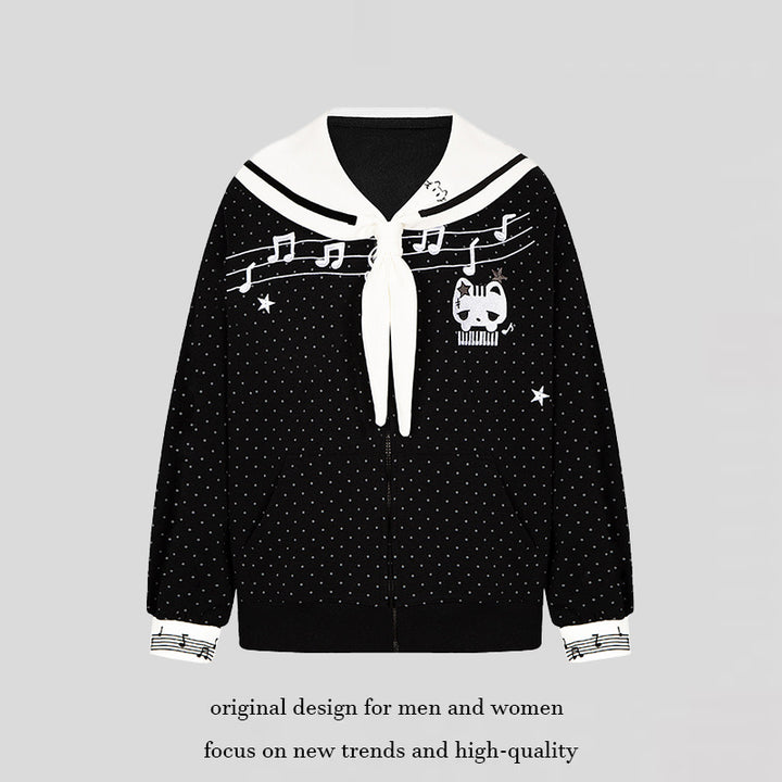 Damen Reißverschluss‑Sweatjacke im Matrosenstil mit Schleifenkragen, Polka‑Dot und Musikmotiv Echoarchiv
