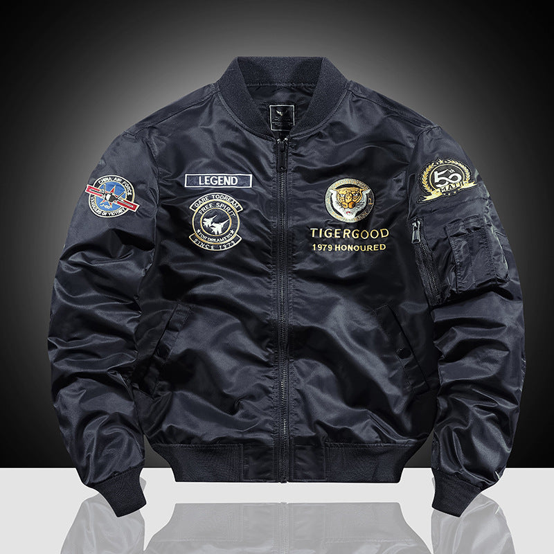 Herren bestickte Nylon-Flightjacke mit großflächigem Tiger- und Motorradmotiv Echoarchiv