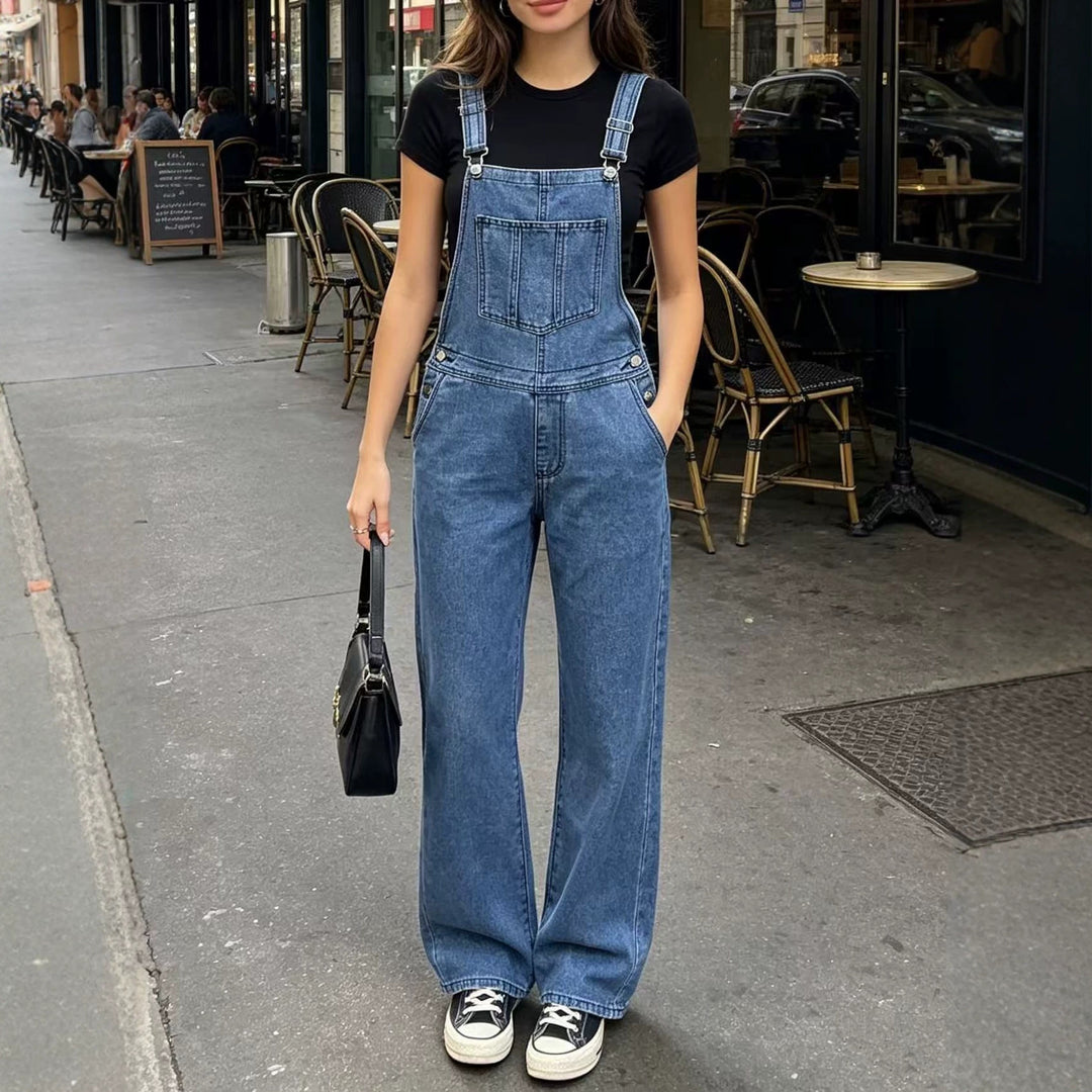 Damen nan weite Denim-Latzhose mit hoher Taille, verstellbaren Trägern und lässigem Schlag Echo Archiv