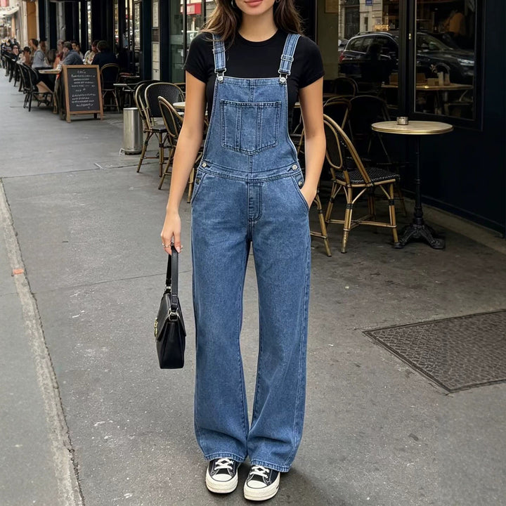 Damen nan weite Denim-Latzhose mit hoher Taille, verstellbaren Trägern und lässigem Schlag Echo Archiv