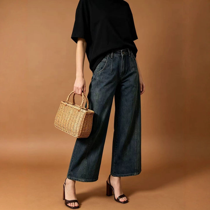 Damen nan hohe Taille Plissée Wide-Leg-Denimhose mit verkürztem Bein und dekorativen Vorderfalten Echo Archiv