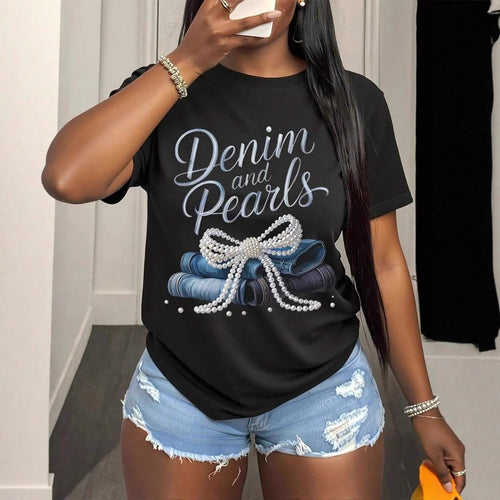 Damen T-Shirt mit kreativem Schriftzug und eleganten Perlenakzenten Echo Archiv
