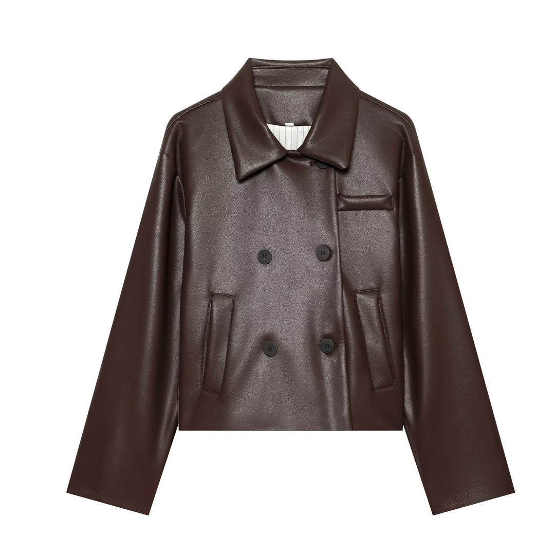 Damen Kurzer Kunstleder-Blouson mit doppelreihiger Knopfleiste und kastiger Silhouette Echoarchiv