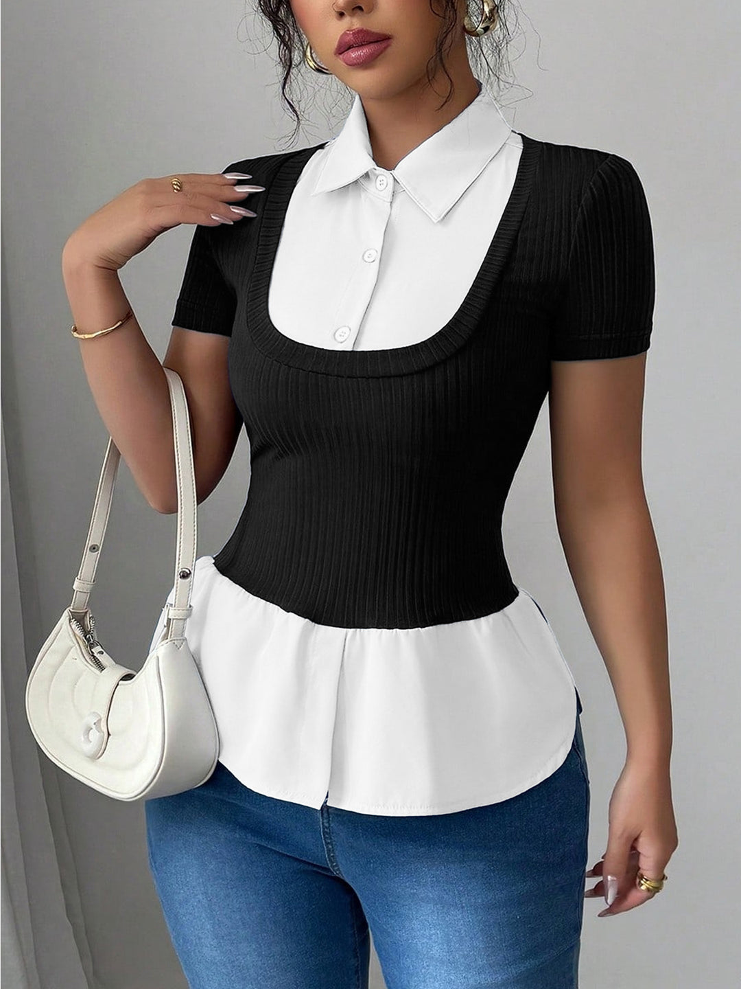 Damen Kurzärmeliges Layering-Top mit Fake-Hemdkragen und Rippstrickkörper – Avérine