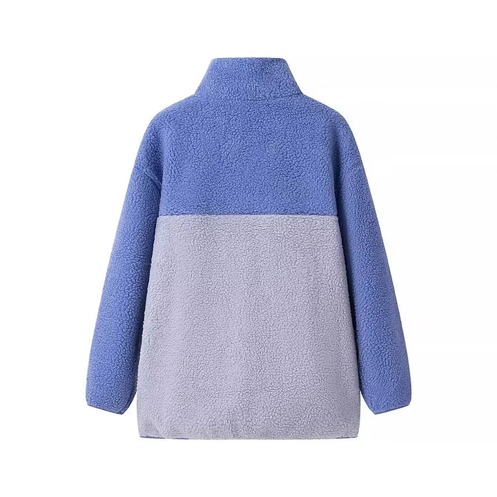 Damen locker geschnittene Teddy‑Fleecejacke mit Stehkragen Reißverschlusstaschen und aufgesetzter Brusttasche – Célinea