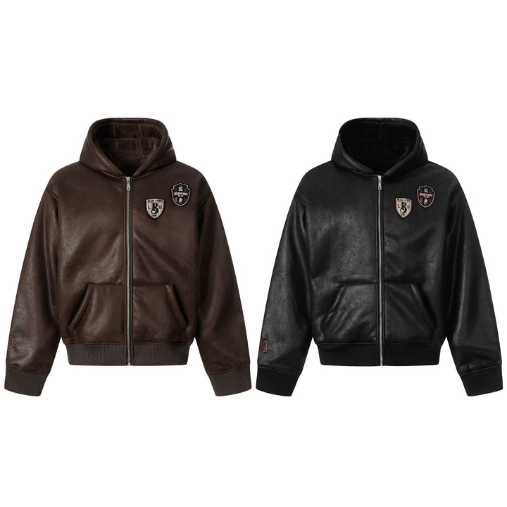 Herren Kapuzen-Lederblouson mit Teddyfutter und Rippbündchen Echoarchiv
