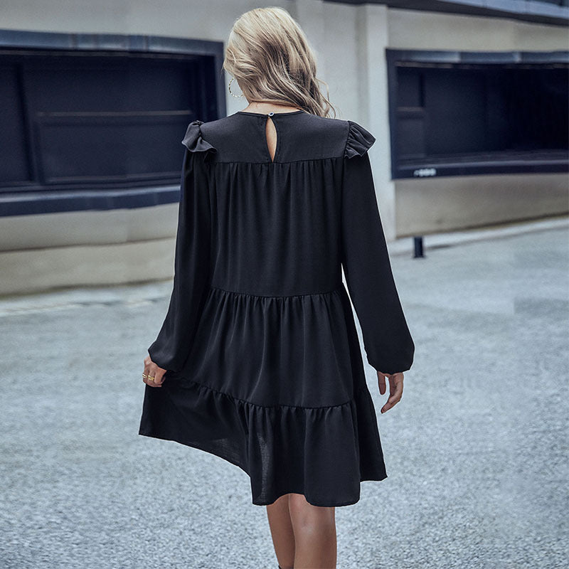 Damen A-Linien Stufenkleid mit langen Ärmeln und zarten Rüschen Echoarchiv