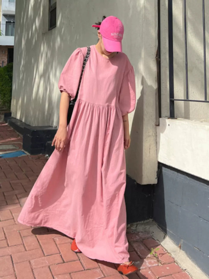 Damen Lässiges Maxi-Babydollkleid mit Puffärmeln und geraffter Taillenpartie – Valéora