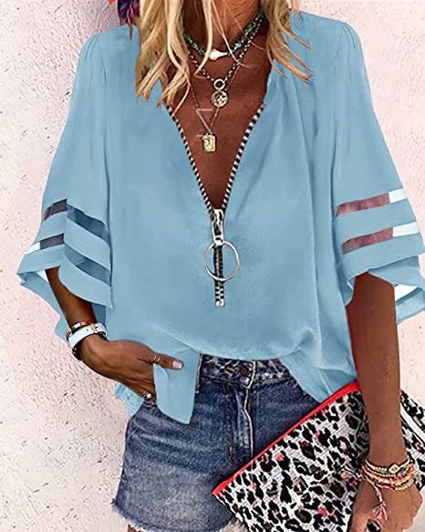 Damen V‑Ausschnitt Bluse mit dekorativem Ringreißverschluss und Cut-Out-Ärmeln Echo Archiv