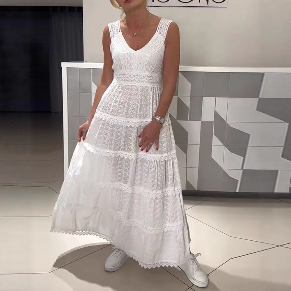 Damen nan ärmelloses Boho-Spitzen-Lagenmaxikleid mit V-Ausschnitt und Empire-Taille Echo Archiv