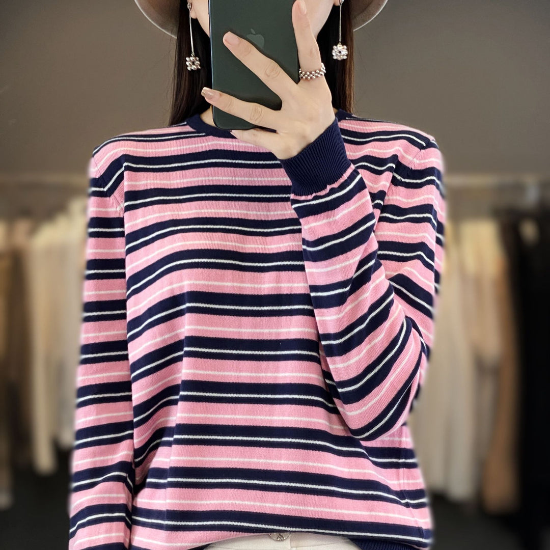 Damen Lässiger Ringel-Feinstrickpullover mit Boxy‑Silhouette und kontrastierenden Rippbündchen Echoarchiv