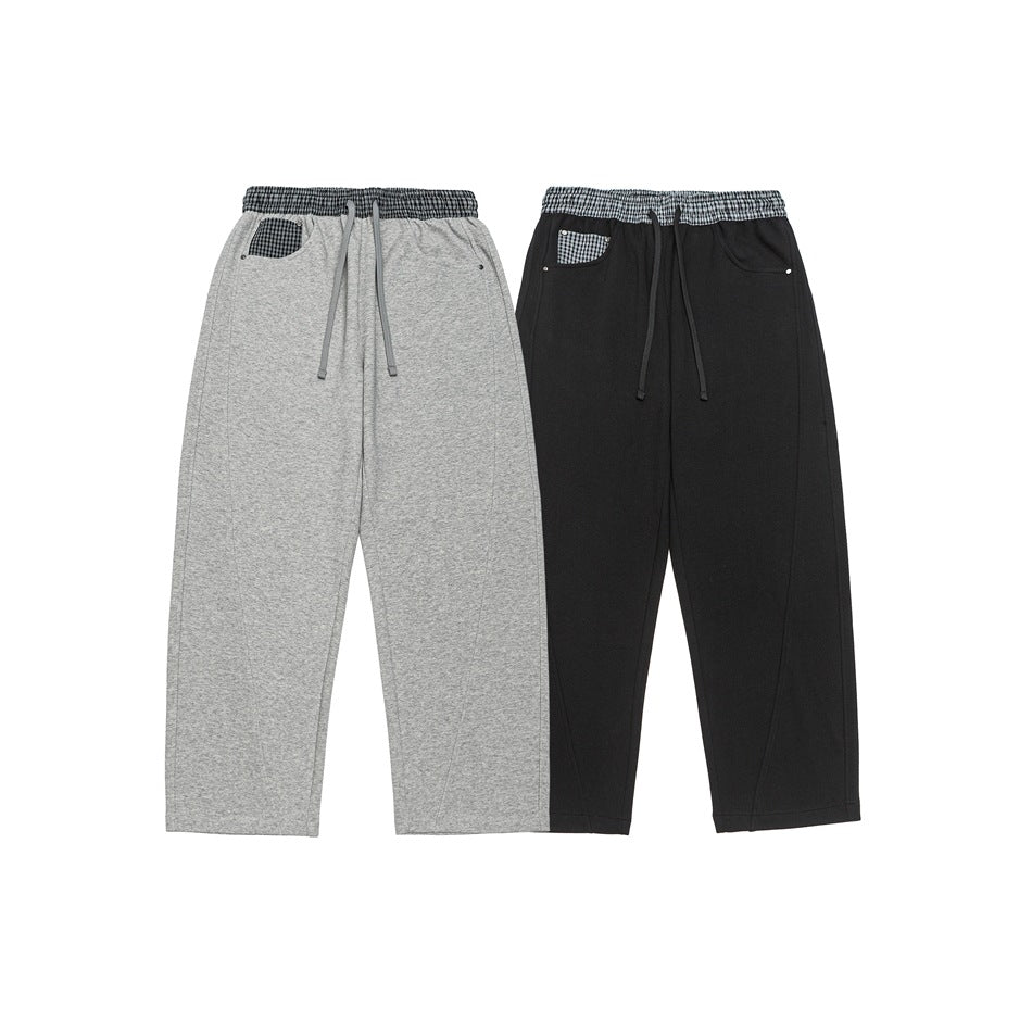 Damen Leichte Sweatpants mit hohem Gummibund, Karomusterbesatz und weitem Cropped Schnitt Echoarchiv
