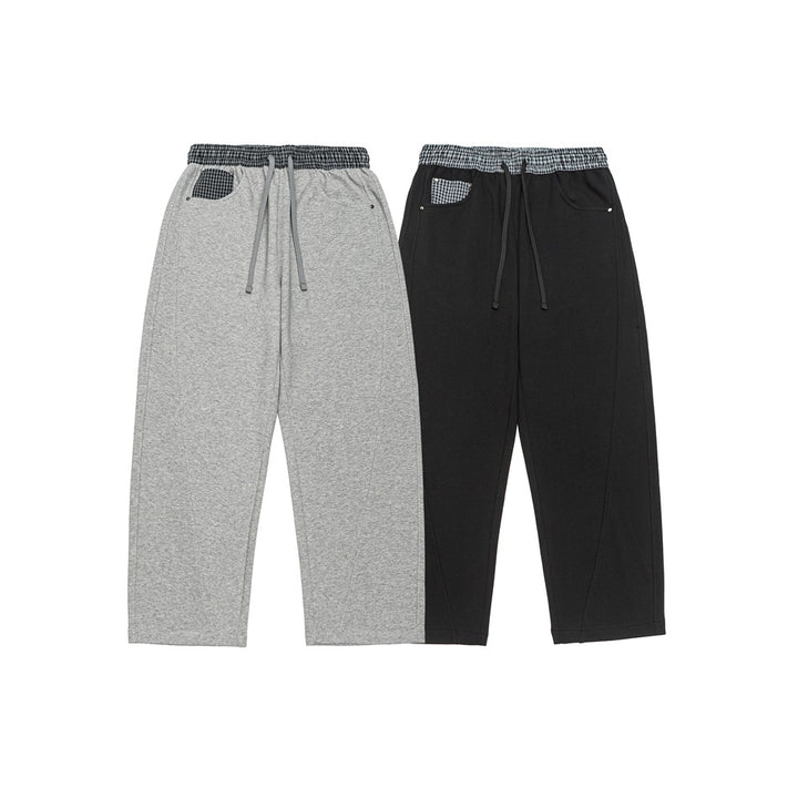 Damen Leichte Sweatpants mit hohem Gummibund, Karomusterbesatz und weitem Cropped Schnitt Echoarchiv
