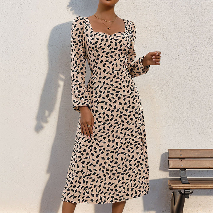 Damen Bedrucktes Midikleid im Vintage‑Stil mit Herzausschnitt, taillierter Silhouette und Ballonärmeln – Élara