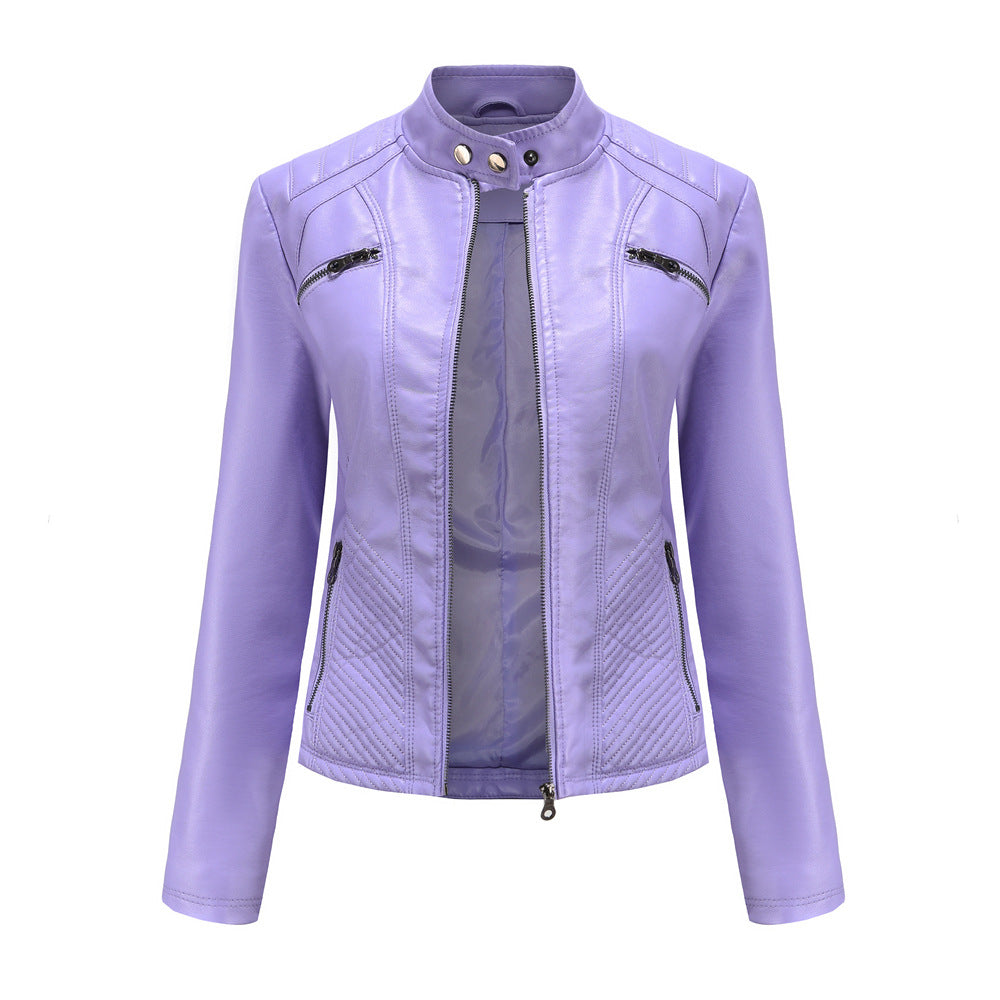 Damen nan taillierte Bikerjacke aus Kunstleder mit Stepppaneelen und Stehkragen Echo Archiv