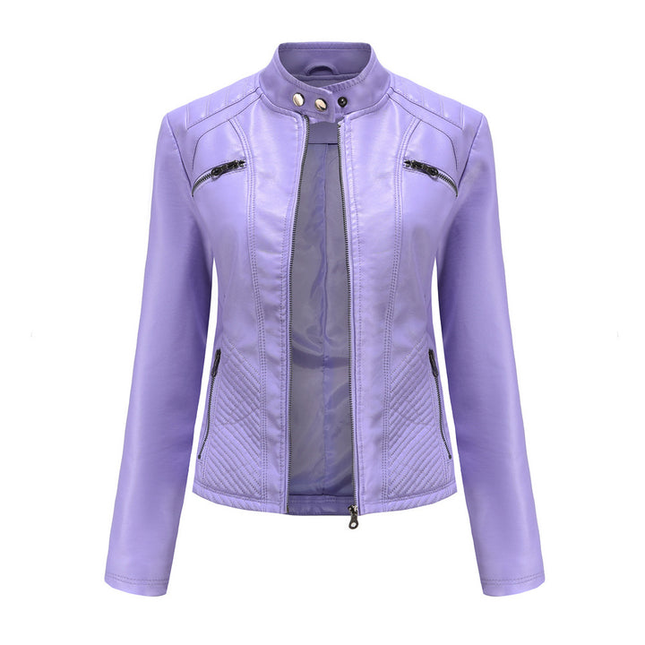 Damen nan taillierte Bikerjacke aus Kunstleder mit Stepppaneelen und Stehkragen Echo Archiv