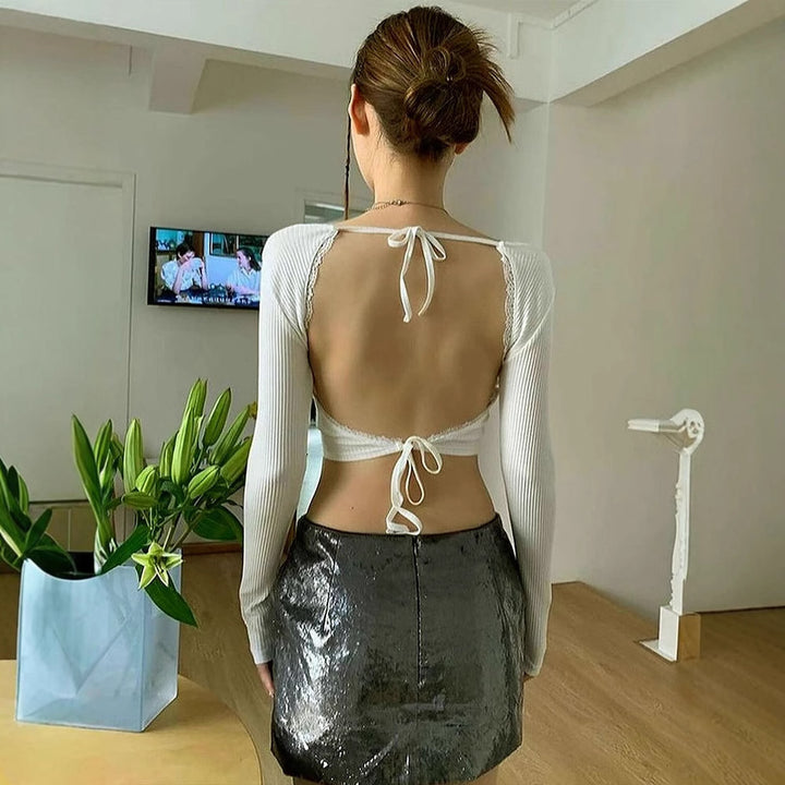 Damen Crop-Top mit Rüschendetails und Rückenbindung Echo Archiv