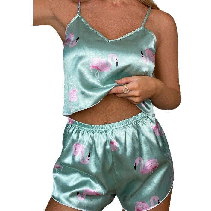 Damen Satin-Nachtwäsche Set mit Leopardenmuster und verstellbaren Trägern Echo Archiv