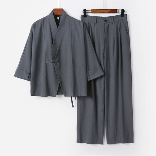 Herren Modernes Zen-Loungewear-Set aus Leichtem Material mit Kurz-Kimono und tailliert-zulaufender Bundhose Echoarchiv