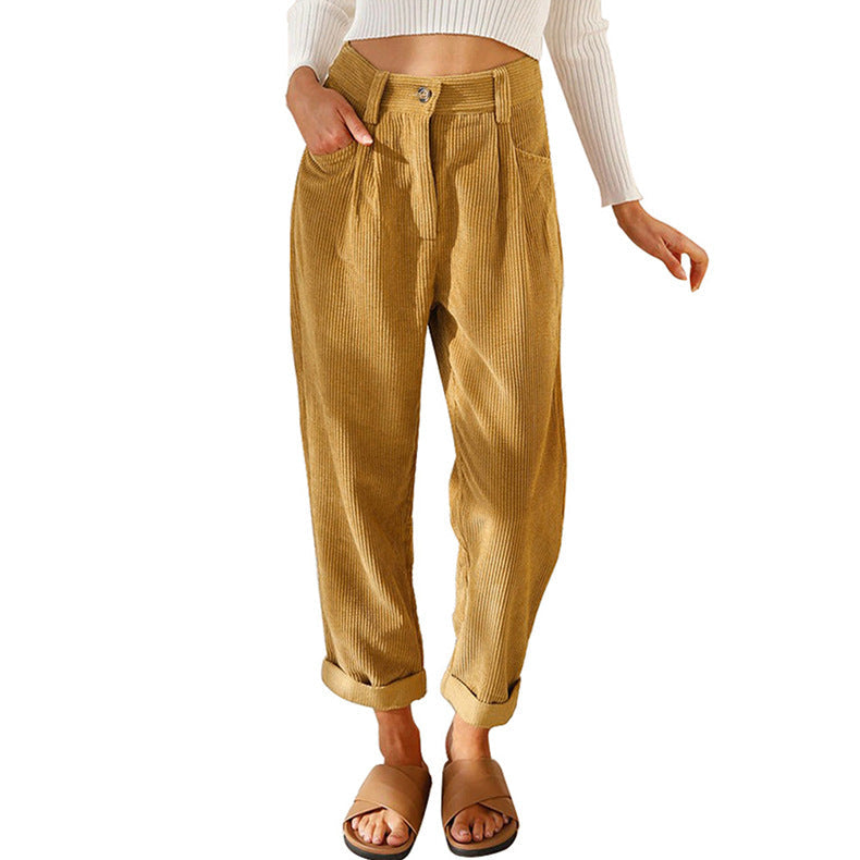 Damen modische Cordhose mit hohem Bund und weitem Bein – Avélisse