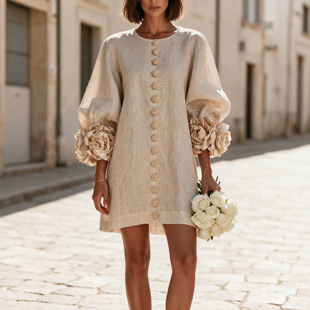 Damen Kurzkleid aus Leinen mit voluminösen Ballonärmeln und 3D-Blumenmanschetten Echoarchiv