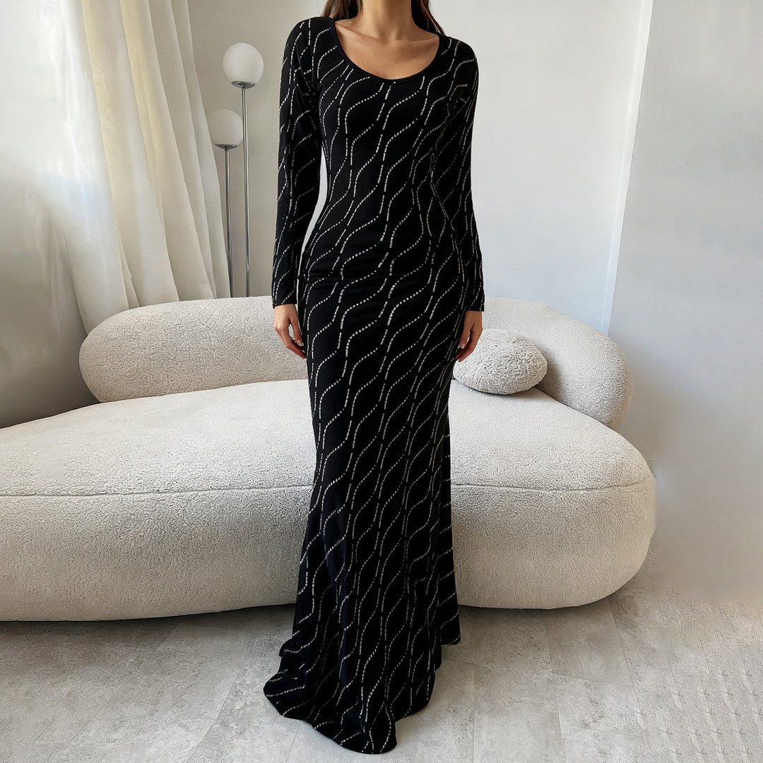Damen nan langärmeliges Bodycon-Mermaid-Abendkleid mit Wellen-Strassbesatz Echo Archiv
