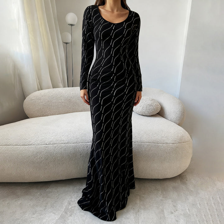 Damen nan langärmeliges Bodycon-Mermaid-Abendkleid mit Wellen-Strassbesatz Echo Archiv