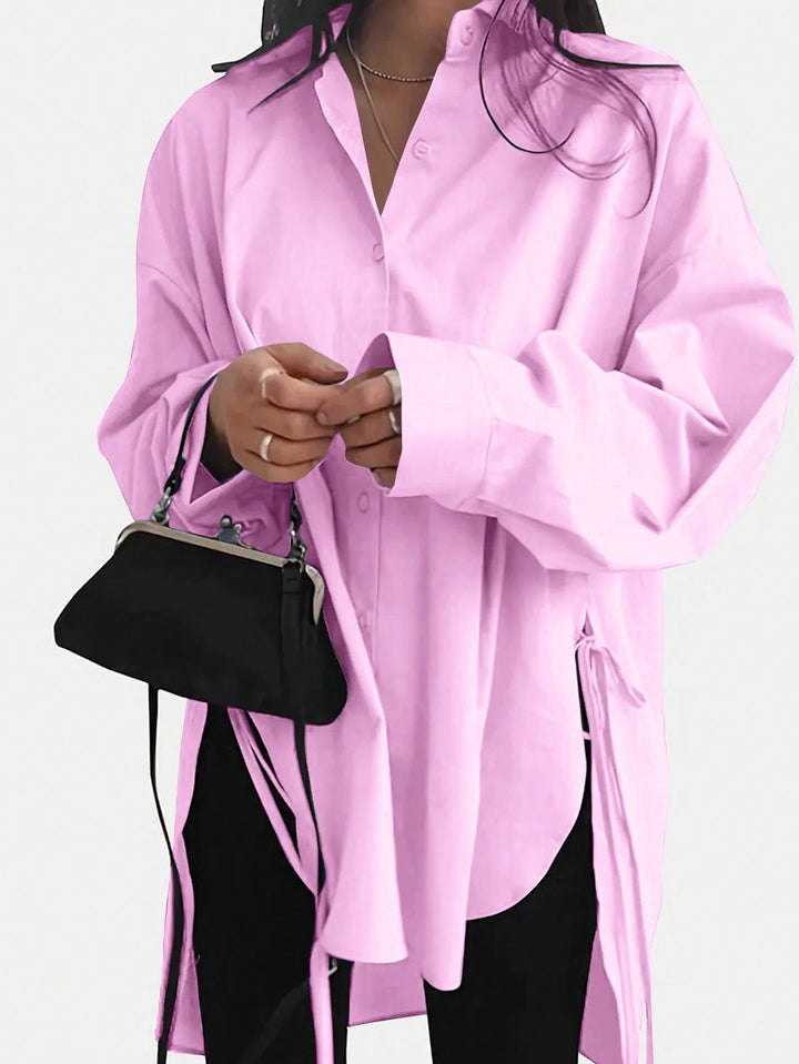 Damen Oversize-Longbluse mit Tunnelzugseiten, extralangen Manschetten und Hemdkragen – Avérine