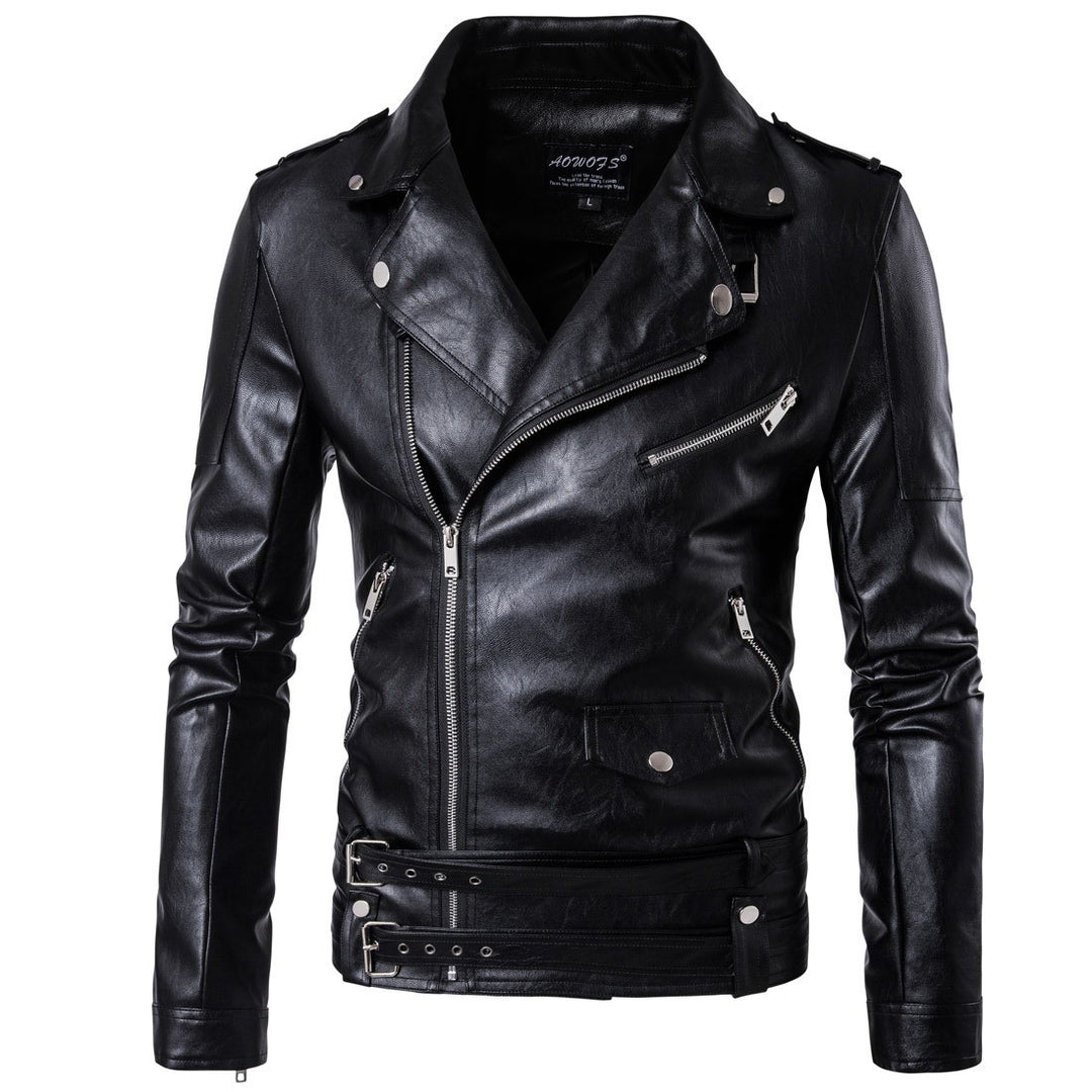 Herren Bikerjacke aus hochwertigem Leder mit asymmetrischem Reißverschluss und dekorativen Schnallen Echoarchiv