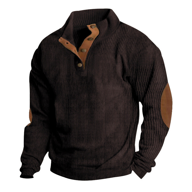 Herren nan gerippter Baumwollmix-Pullover mit Stehkragen, Knopfleiste und Lederoptik-Ellenbogenpatches Echo Archiv