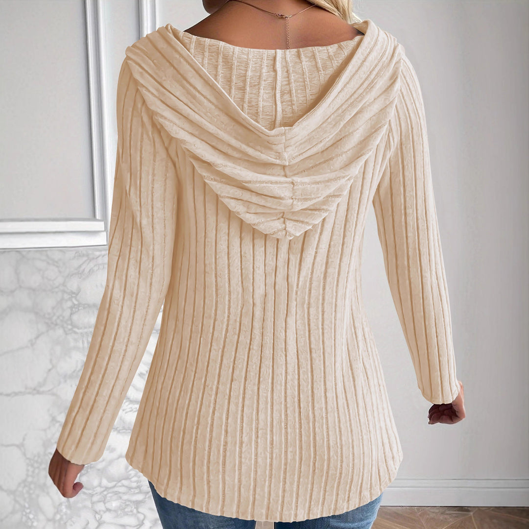 Damen Gerippte Kapuzen-Cardigan-Bluse mit Holzknopfleiste und gerafften Ärmeln – Veloura