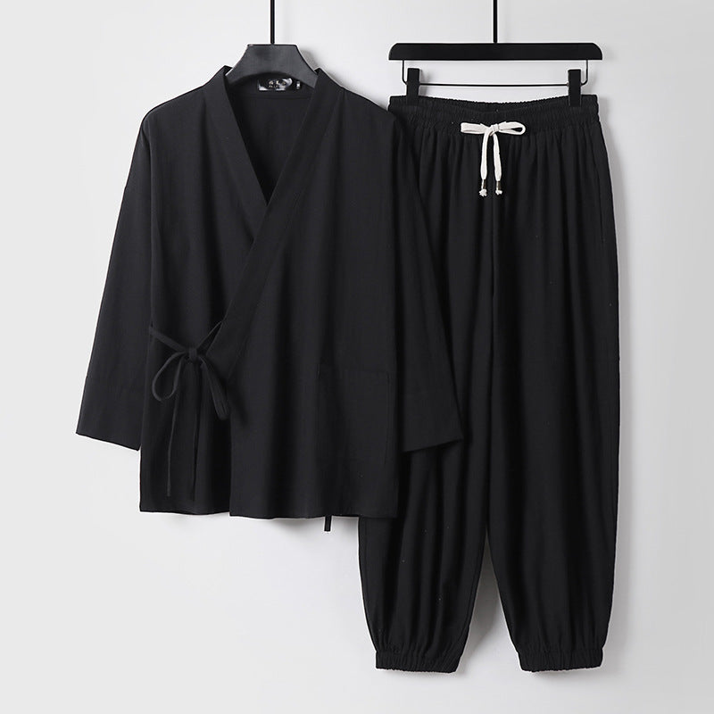 Unisex Entspanntes Kimono-Set mit Wickeljacke, dreiviertelärmeln und elastischer Kordelharemshose Echoarchiv