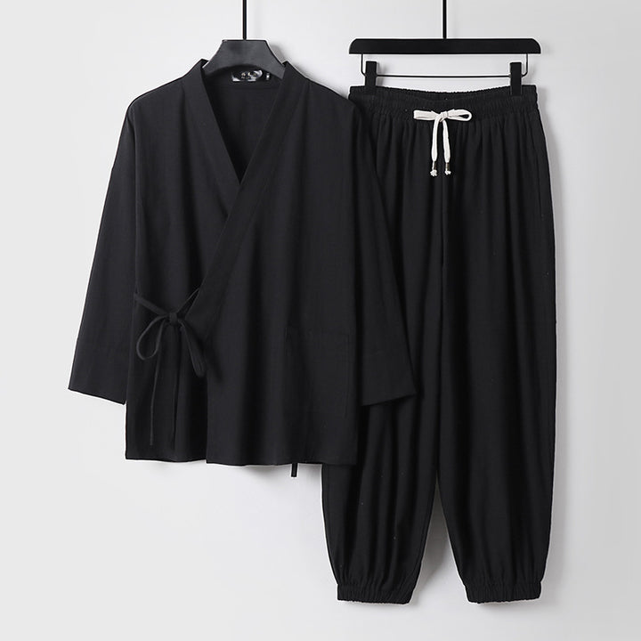 Unisex Entspanntes Kimono-Set mit Wickeljacke, dreiviertelärmeln und elastischer Kordelharemshose Echoarchiv