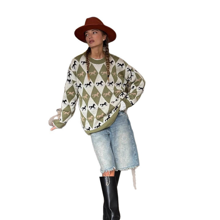 Damen Oversize Strickpullover mit Argyle-Muster und Pferde-Motiv Echoarchiv