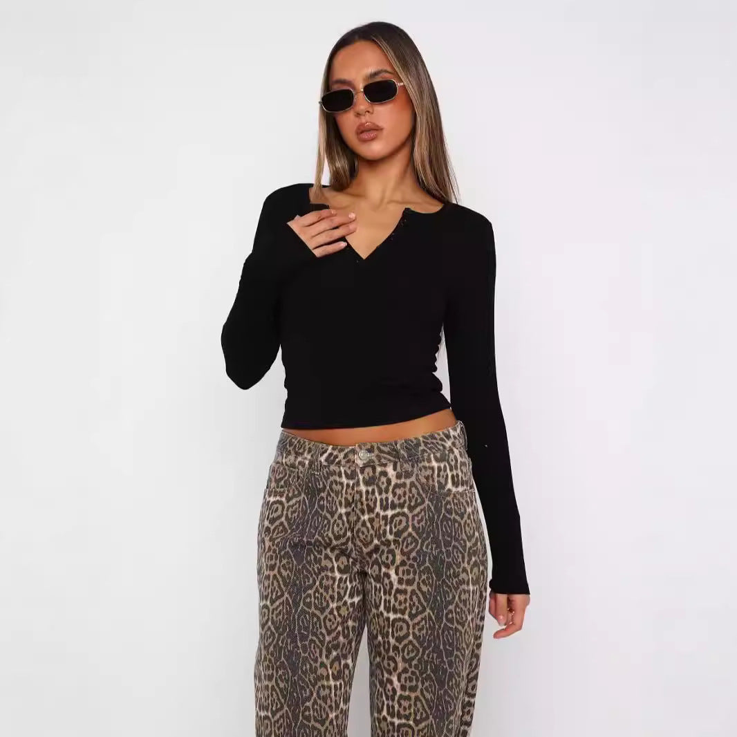 Damen Langarm Crop-Top mit eleganter V-Öffnung und figurbetontem Schnitt Echo Archiv