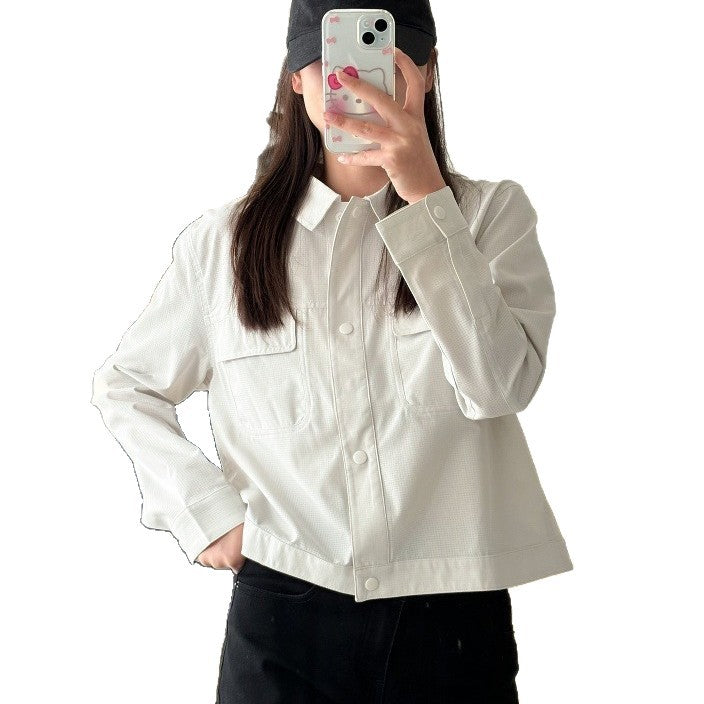 Damen Kurze Overshirt-Jacke aus strukturiertem Canvas mit Brusttaschen Echoarchiv