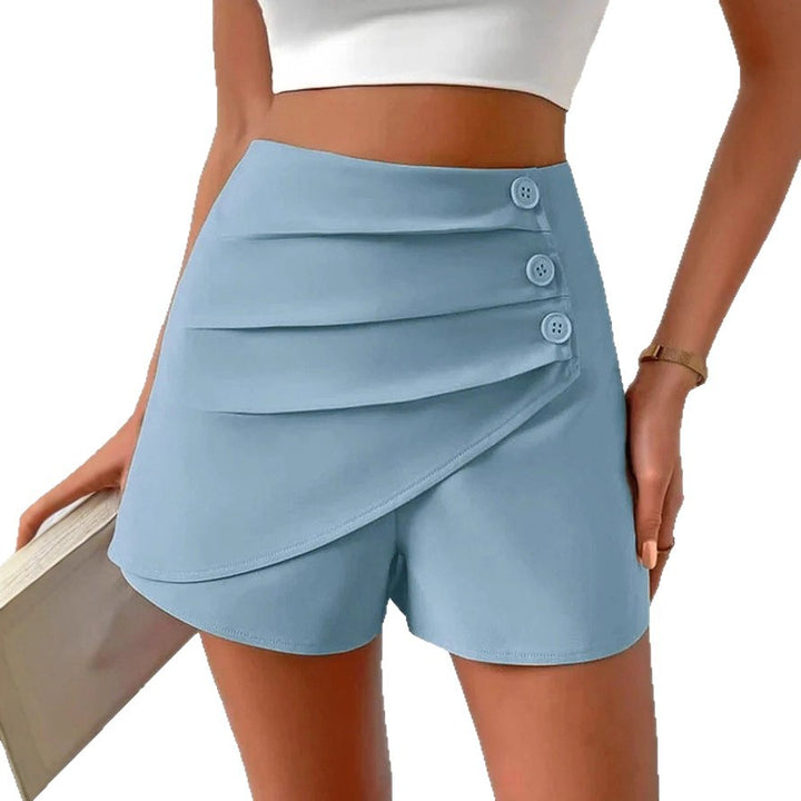 Damen modische kurze Hose mit drapierter Vorderseite und Knopfdetails Echo Archiv