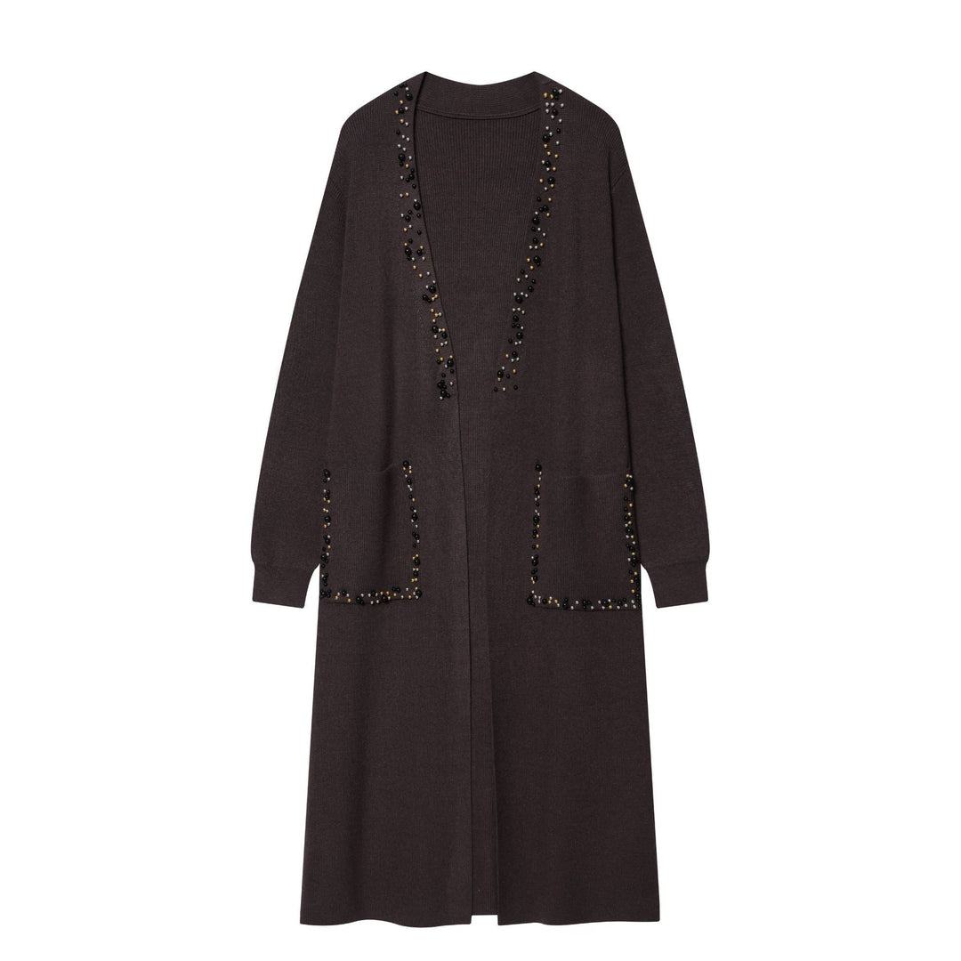 Damen langer Strickcardigan mit Perlenbesatz und aufgesetzten Taschen Echo Archiv