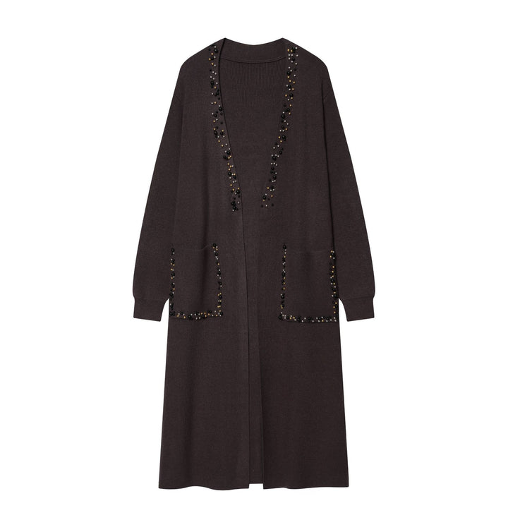 Damen langer Strickcardigan mit Perlenbesatz und aufgesetzten Taschen Echo Archiv