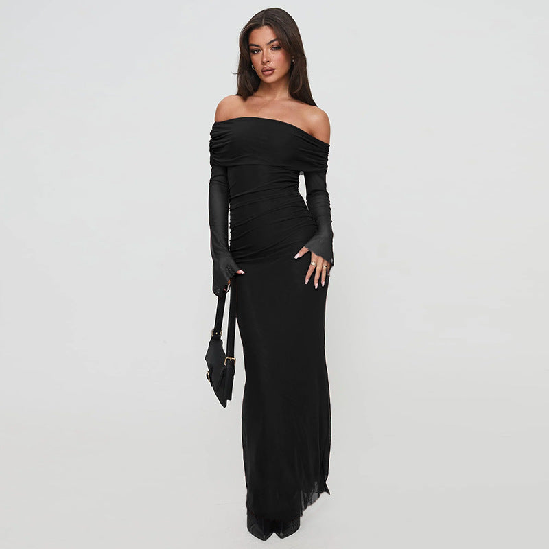 Damen figurbetontes Maxikleid mit schulterfreiem Design und Rüschendetails Echo Archiv