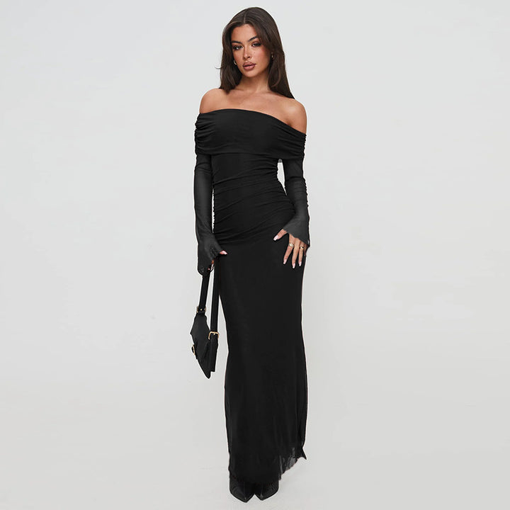 Damen figurbetontes Maxikleid mit schulterfreiem Design und Rüschendetails Echo Archiv