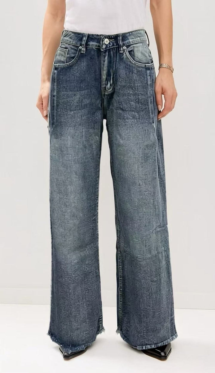 Damen weite Denim-Jeans mit kreativem Muster und fransigem Saum Echo Archiv