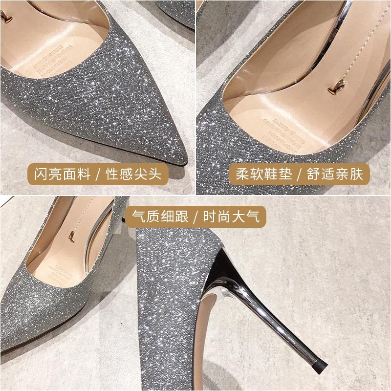 Damen Funkelnde spitz zulaufende Pumps mit filigratem Stiletto‑Metallabsatz und Memory‑Fußbett – Lioré