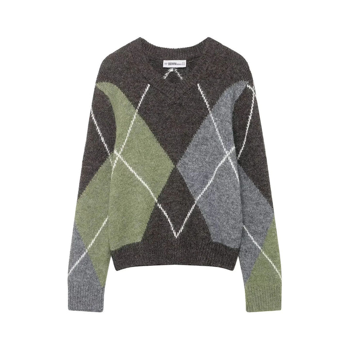 Damen nan großkaro Strickpullover mit Rundhals, oversized Passform und geripptem Saum Echo Archiv