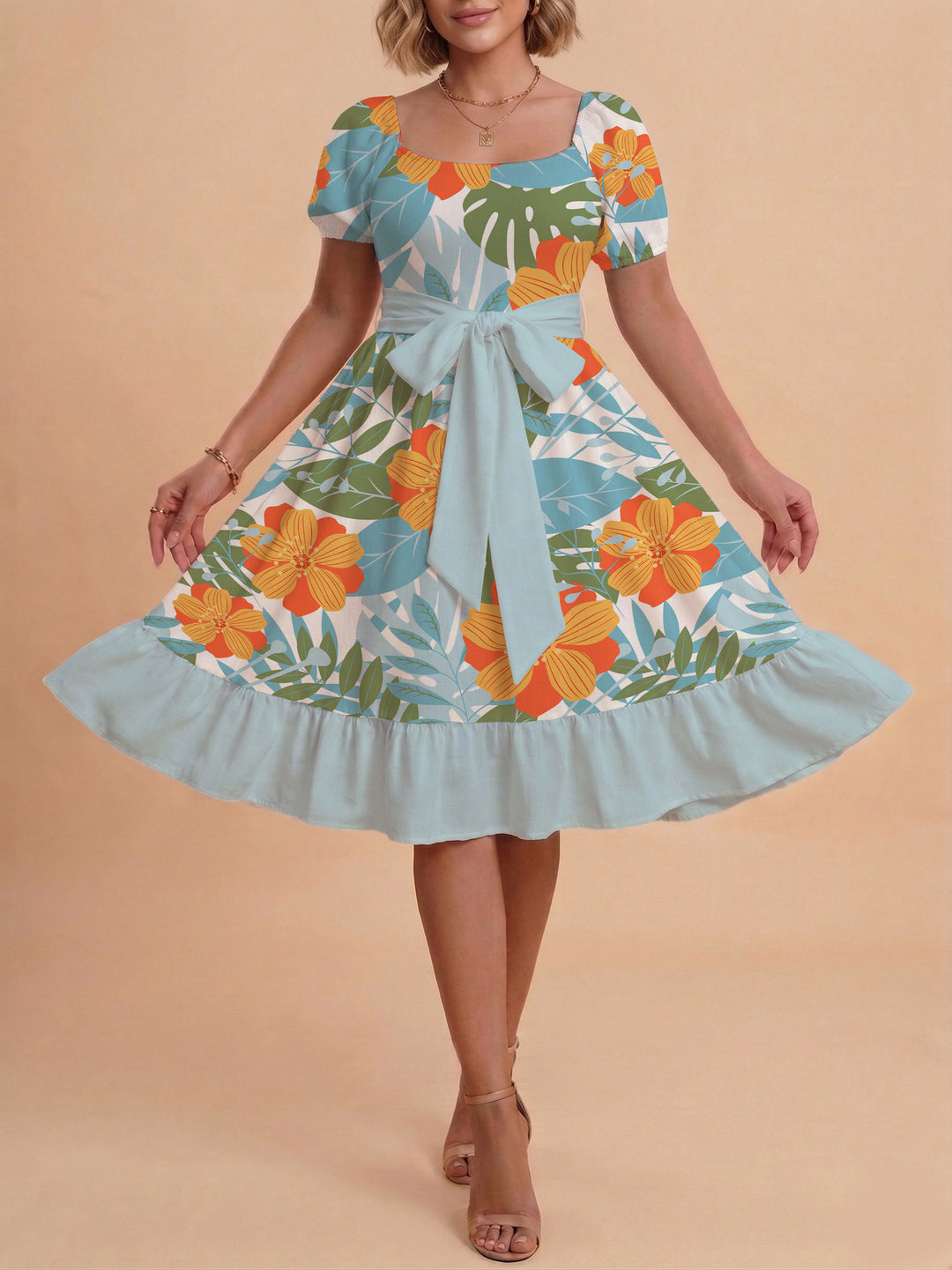 Damen A-Linien-Kleid mit floralen Motiven und taillierbarem Gürtel Echo Archiv