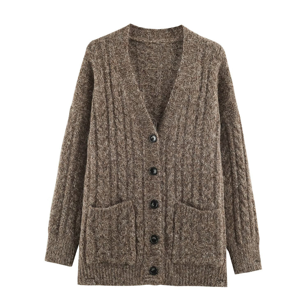 Damen Grobgestrickter Oversize-Cardigan mit Zopfstrick V-Ausschnitt und aufgesetzten Taschen Echoarchiv