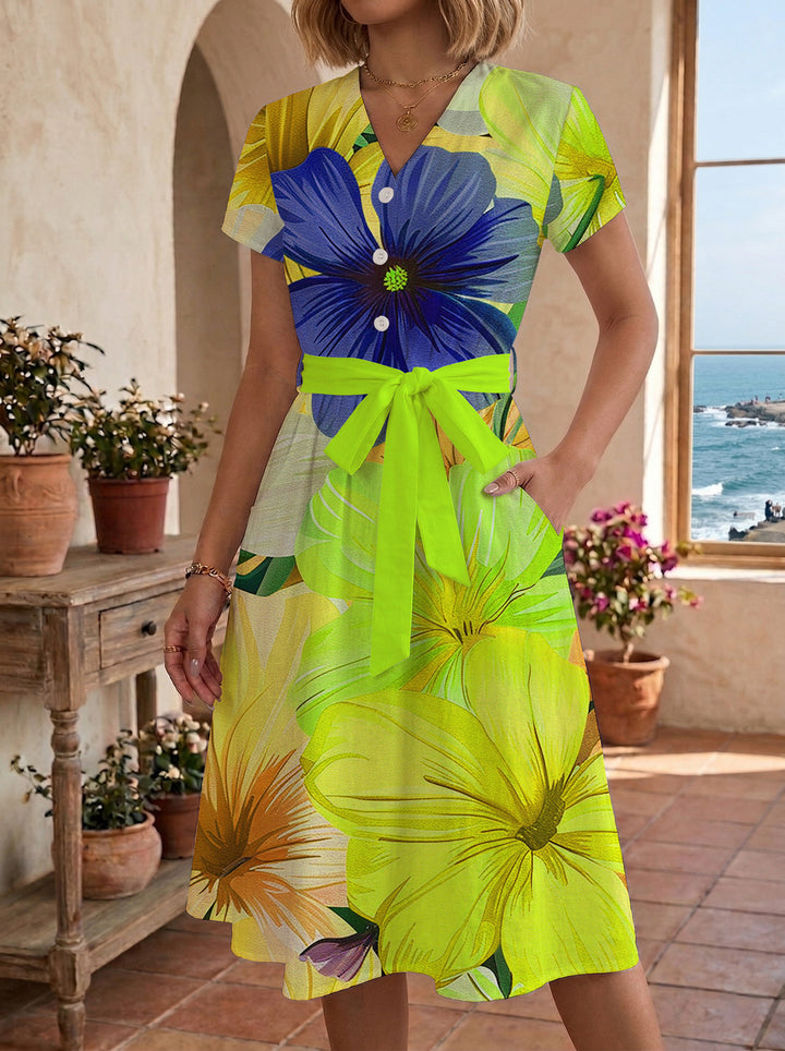 Damen Midikleid mit farbenfrohem Blumendesign und taillierbarem Bindegürtel Echo Archiv