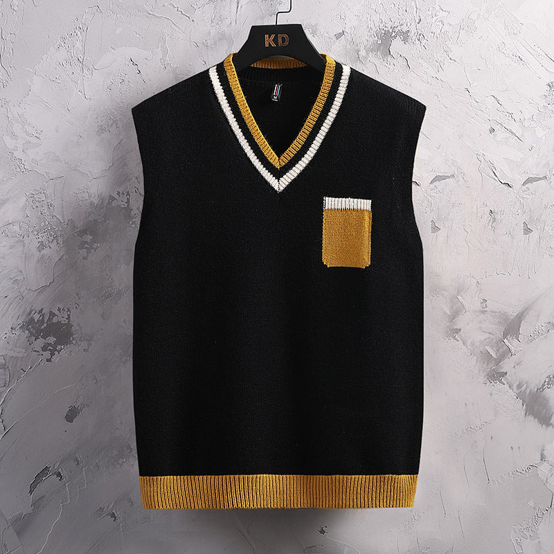 Herren ärmellose Strickjacke mit V-Ausschnitt und Farbblockdesign Echoarchiv